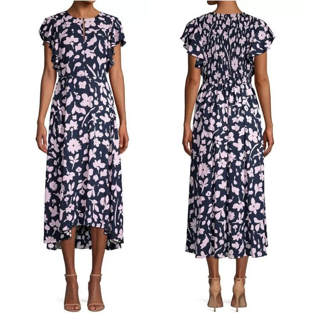 Kate Spade New Splash Ruffle Sleeve Midi Dress Navy & Cream Smocked Size 2